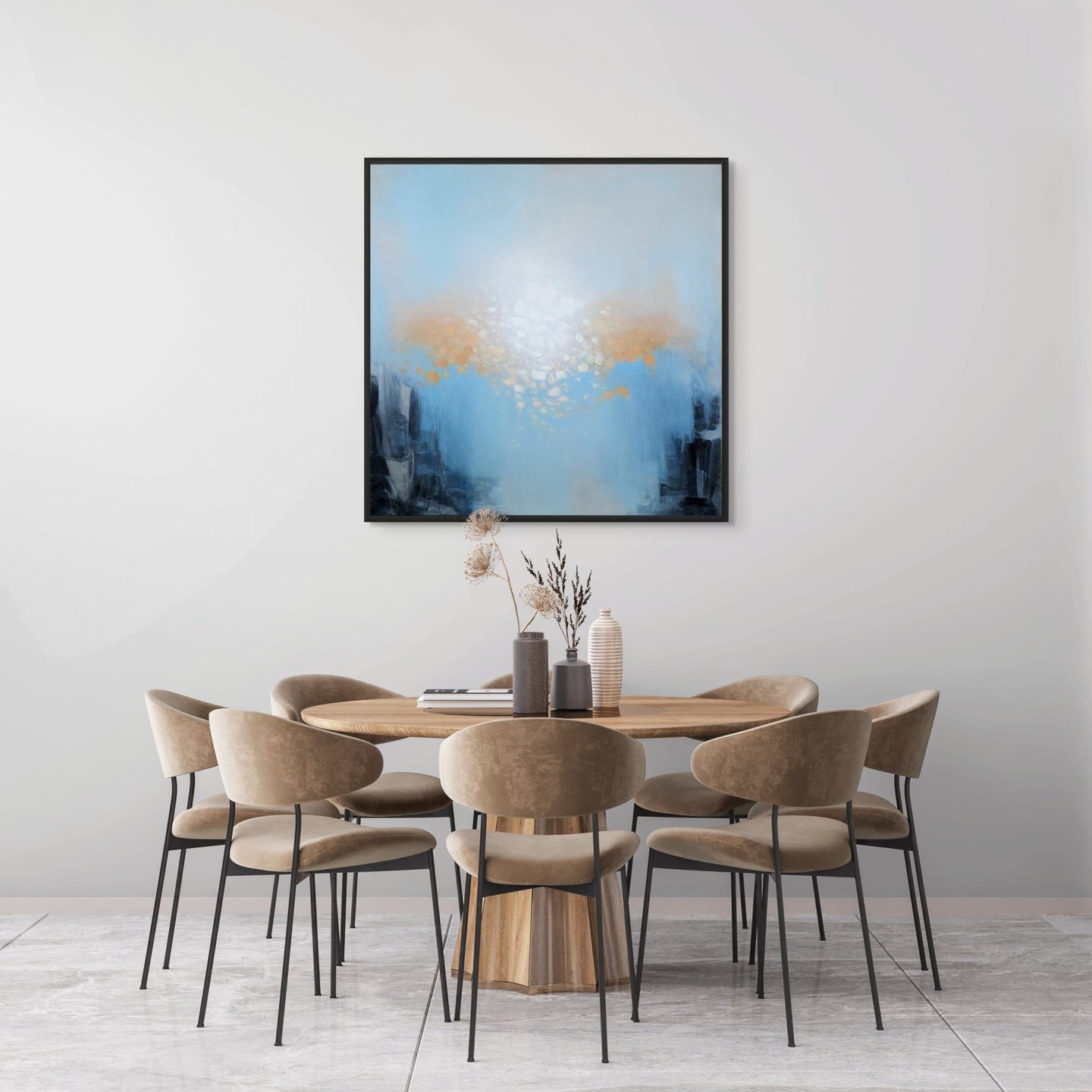 Original abstract painting for sale "Hello Sunshine" by artist Marcus Callum, above a table and chairsOriginal Painting: "Hello Sunshine" (Available)